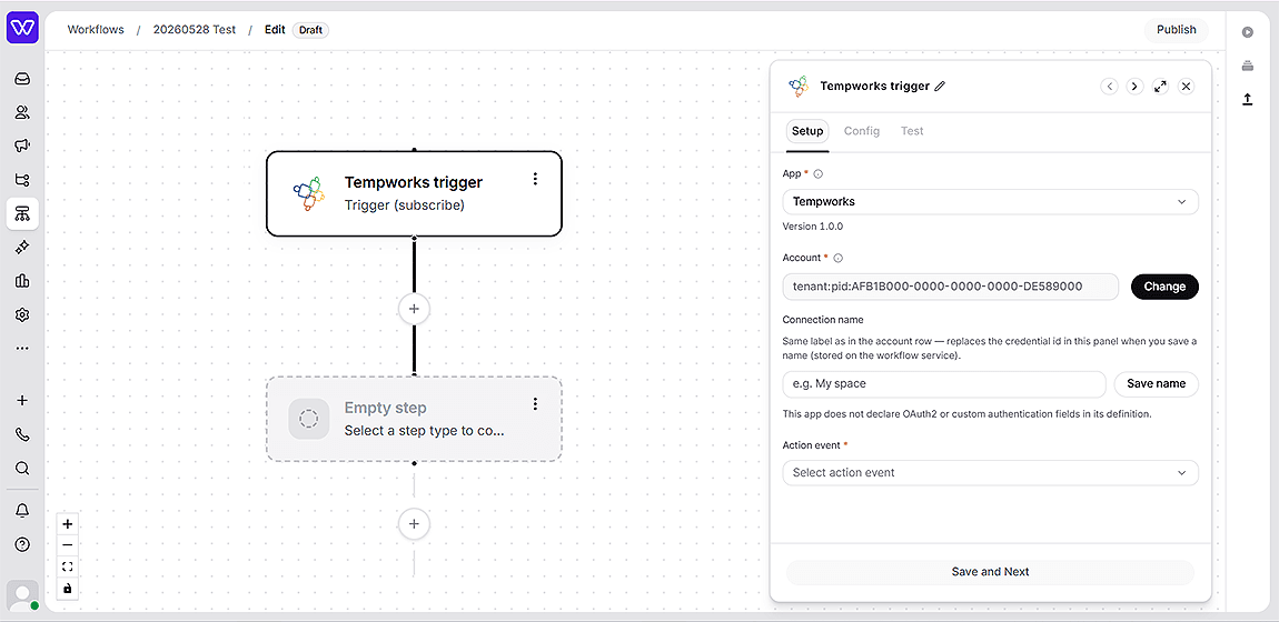 Workflow automation builder interface showing a ‘Tempworks trigger’ subscription node connected to an empty workflow step. The right configuration panel displays Tempworks app settings, account connection details, and action event setup options within a drag-and-drop workflow editor
