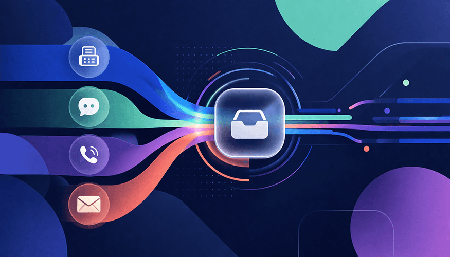 Abstract illustration of Business Fax Software within a unified communications platform, showing fax, SMS, voice, and email channels converging into a centralized inbox.
