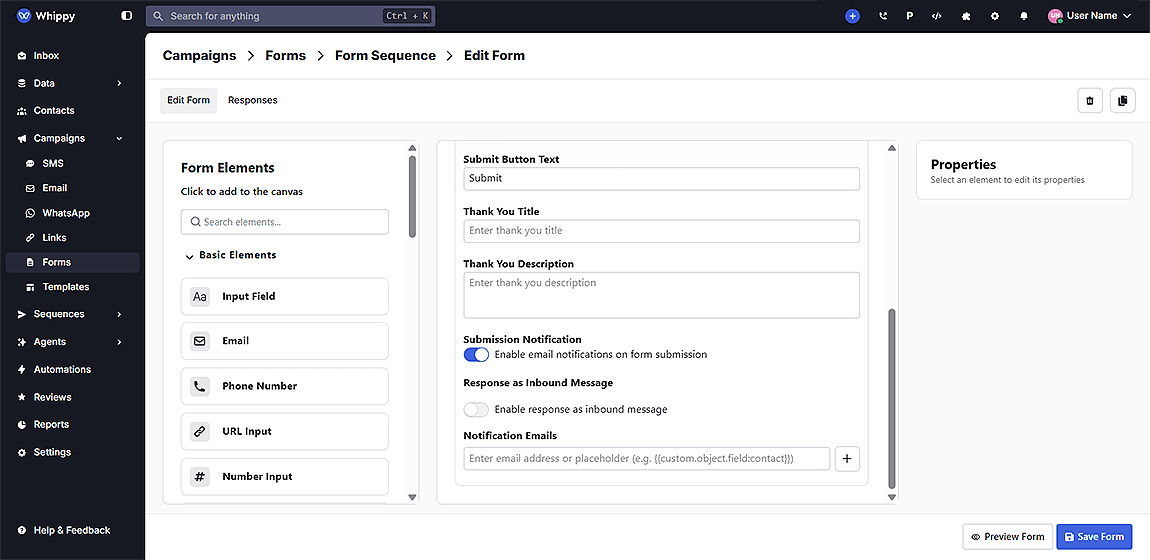 Whippy form builder interface showing submission settings, including submit button text, thank-you message fields, and email notification toggle, with draggable form elements like input, email, and phone number on the left panel.